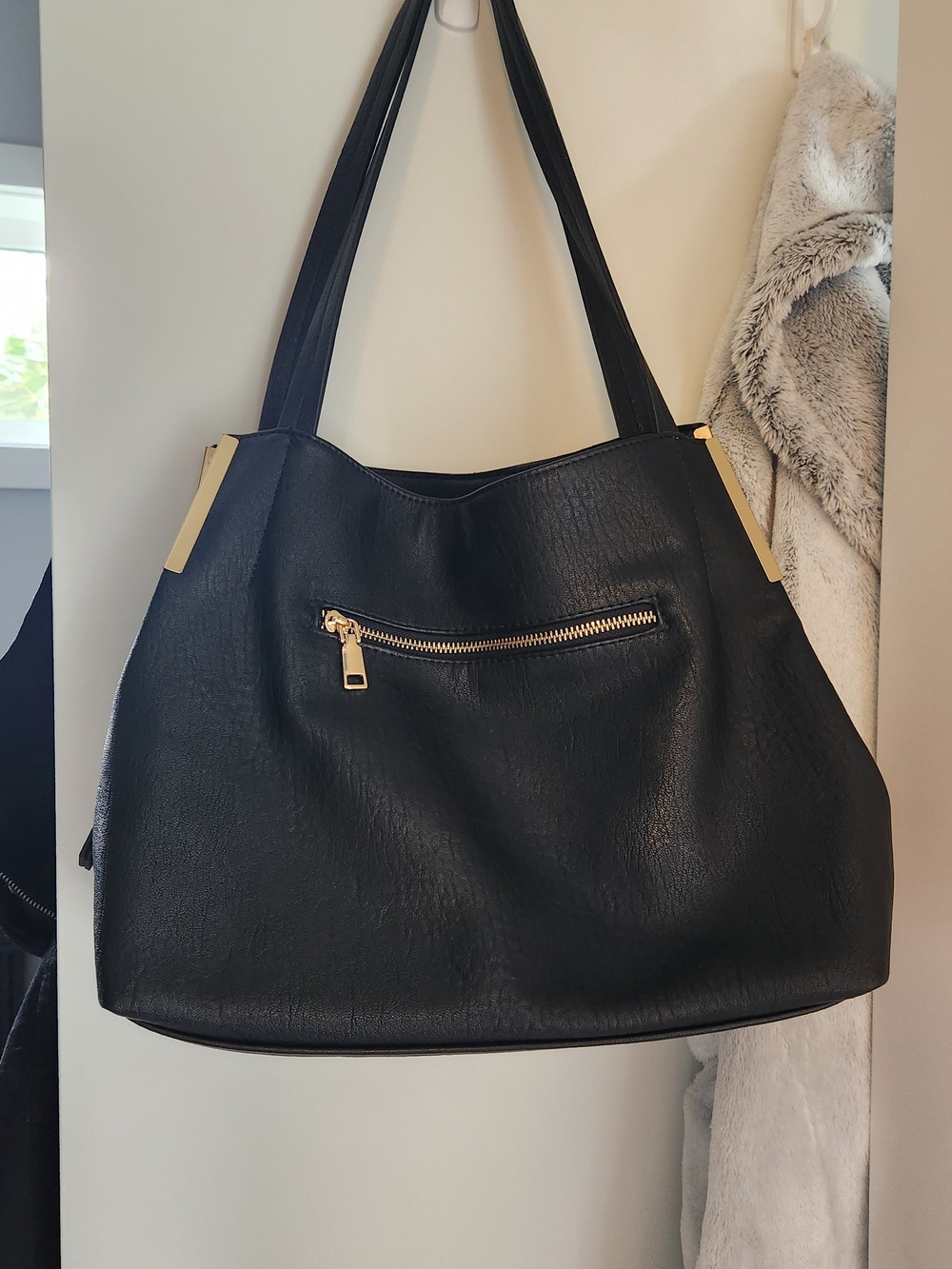 Madison West Black Shoulder Tote with Gold Accent